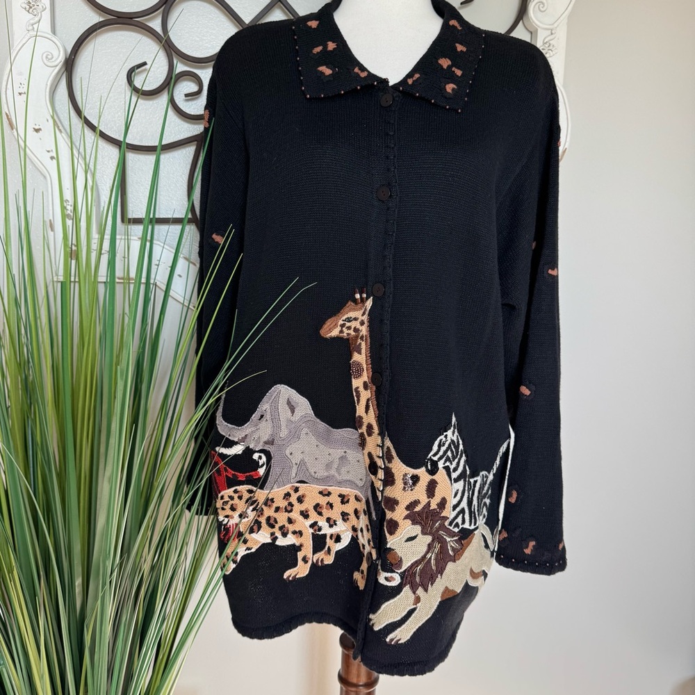 ARRIVISTE Size 18 20 Vintage Safari Button Up Black Cardigan Sweater